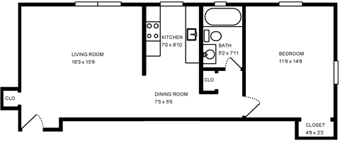 Floor plan for 1 bed, 1 bath, 625 sqft